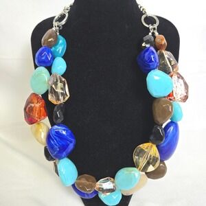 Roman RMN Double Stranded Chunky Beaded Statement Necklace, Silver Tone Chain